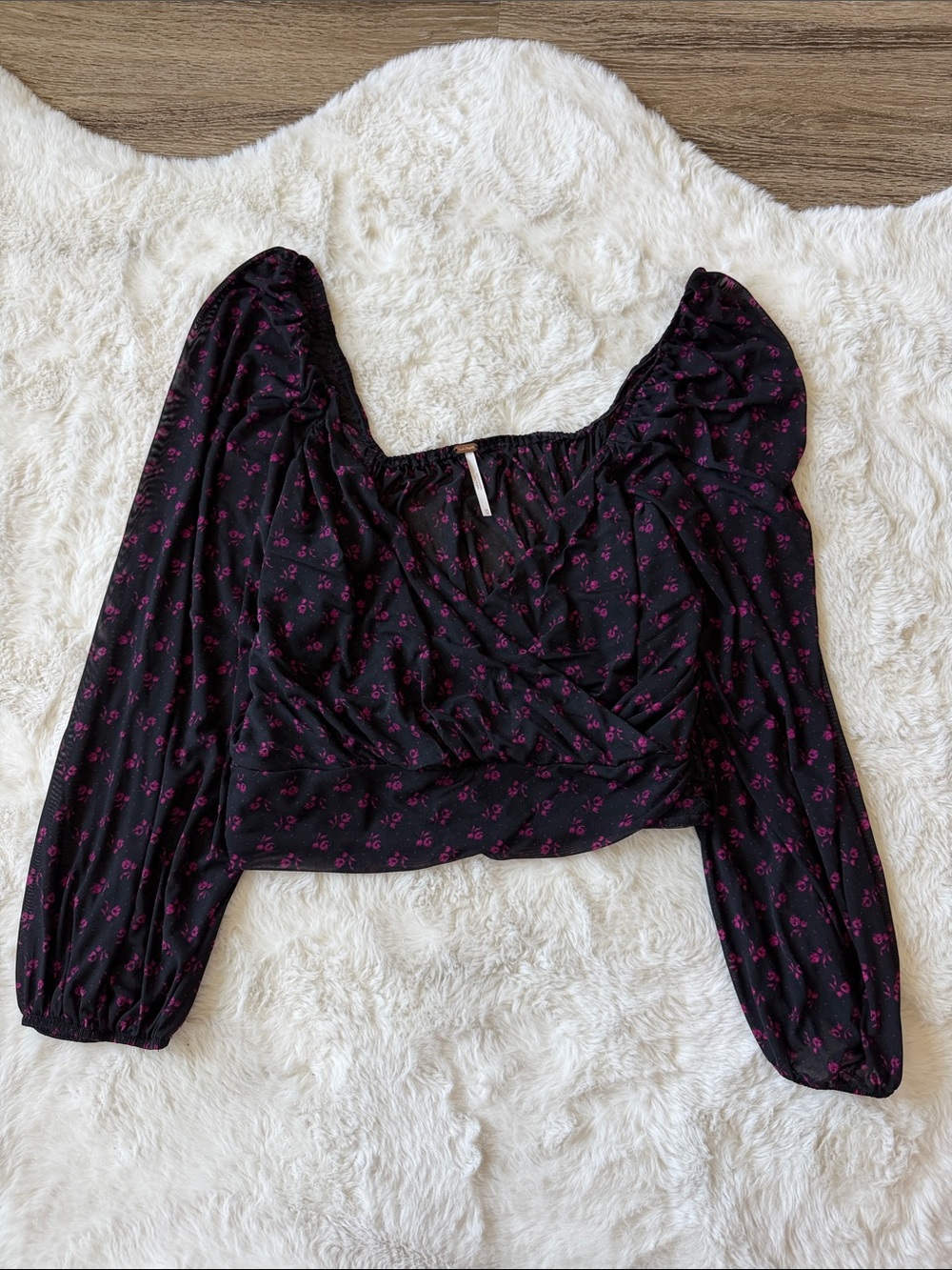 Free people Black Puff-Sleeve Cropped Blouse with Pink Floral Print